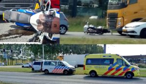 Motorrijder tussen vrachtwagen en auto bij kettingbotsing op IJsselmondse Randweg