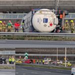 Tankwagen en auto op zijn kant op A15, hoofdrijbaan richting Rhoon thv Smitshoek volledig afgesloten