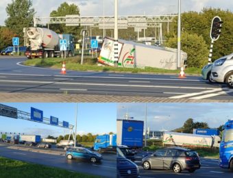 Vrachtwagen belandt naast oprit A15 bij de Dierensteinweg