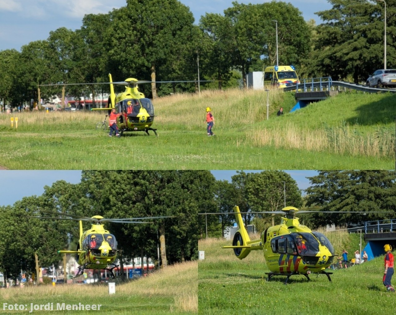 Foto: Traumahelikopter geland langs Henry Dunantlaan voor medische noodsituatie Bijdorp-Oost