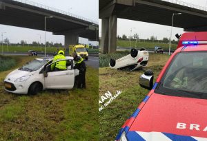 Beschonken bestuurder belandt met auto op zijn kop langs de snelweg A15 Vaanplein