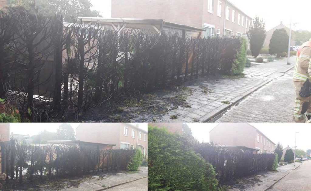 Foto's: Brandstichting aan 't Rak: Groenhaag volledig afgebrand, overkapping in brand -. #tRak #Barendrecht