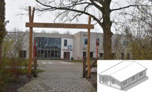Blokhut noodlokaal op schoolplein van Schaepmanschool aan de Marijkesingel