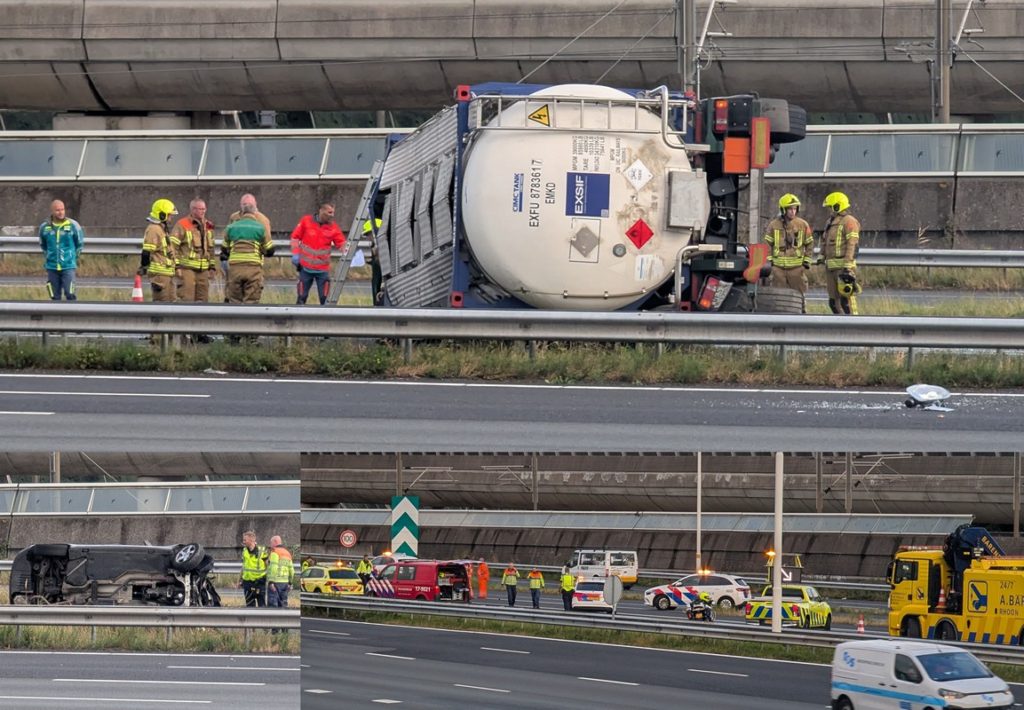 Tankwagen en auto gekanteld op A15, hoofdrijbaan richting Rhoon thv Smitshoek volledig afgesloten